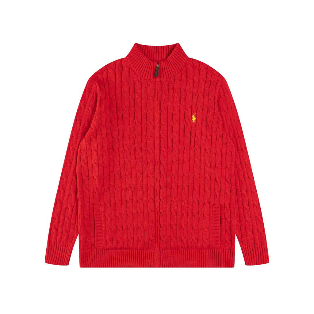 Ralph Lauren Men's Full‑Zip Cable Knit Stand Collar Cardigan Sweater With Navy Pony Logo
