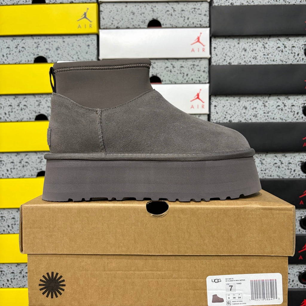 UGG Classic Mini Weather Hybrid Women's Boot – Suede & Stretch Collar Ankle Boot with Orange Pull Loop, UGG SugrSole & Weather-Resistant Construction in Grey