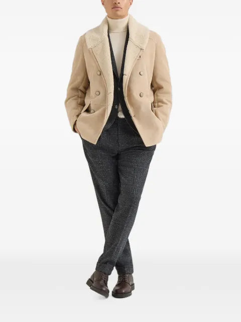 Brunello Cucinelli suede curly shearling pea coat with shawl collar