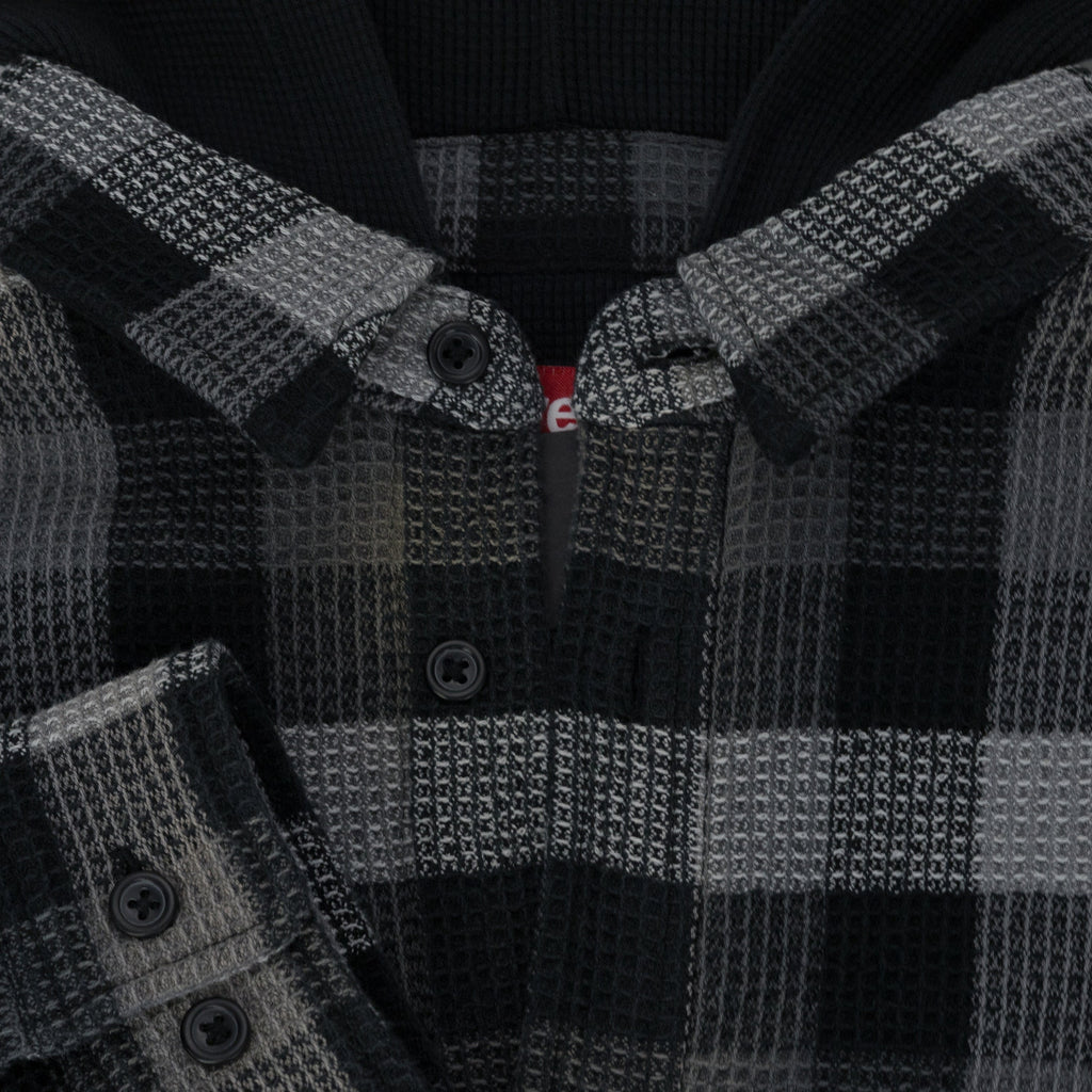 Black Multicolor Plaid Waffle Hooded Jacket