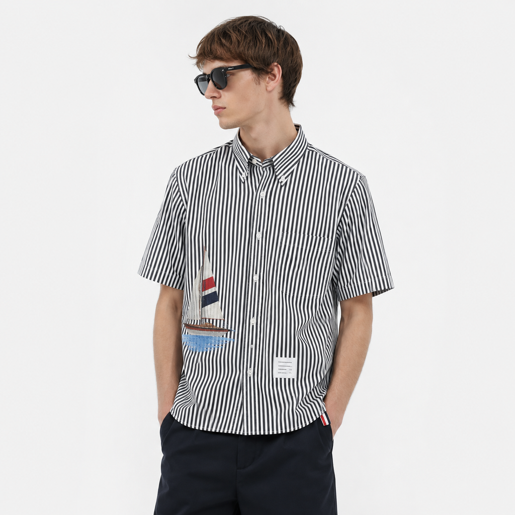 Striped Sailboat Embroidered Shirt — Unisex Short-Sleeve | Thom Browne