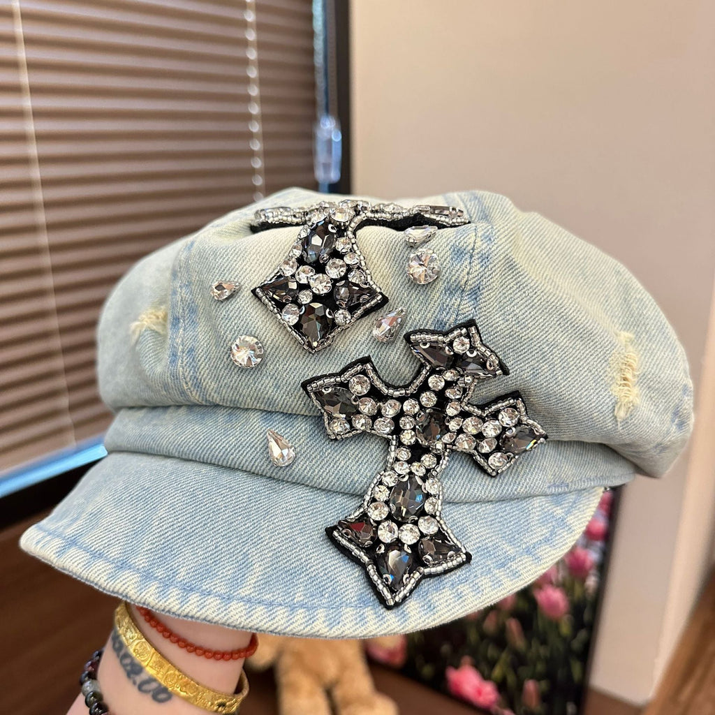 Rhinestone Cross Denim Octagonal Beret Vintage Y2K Women Newsboy Cap