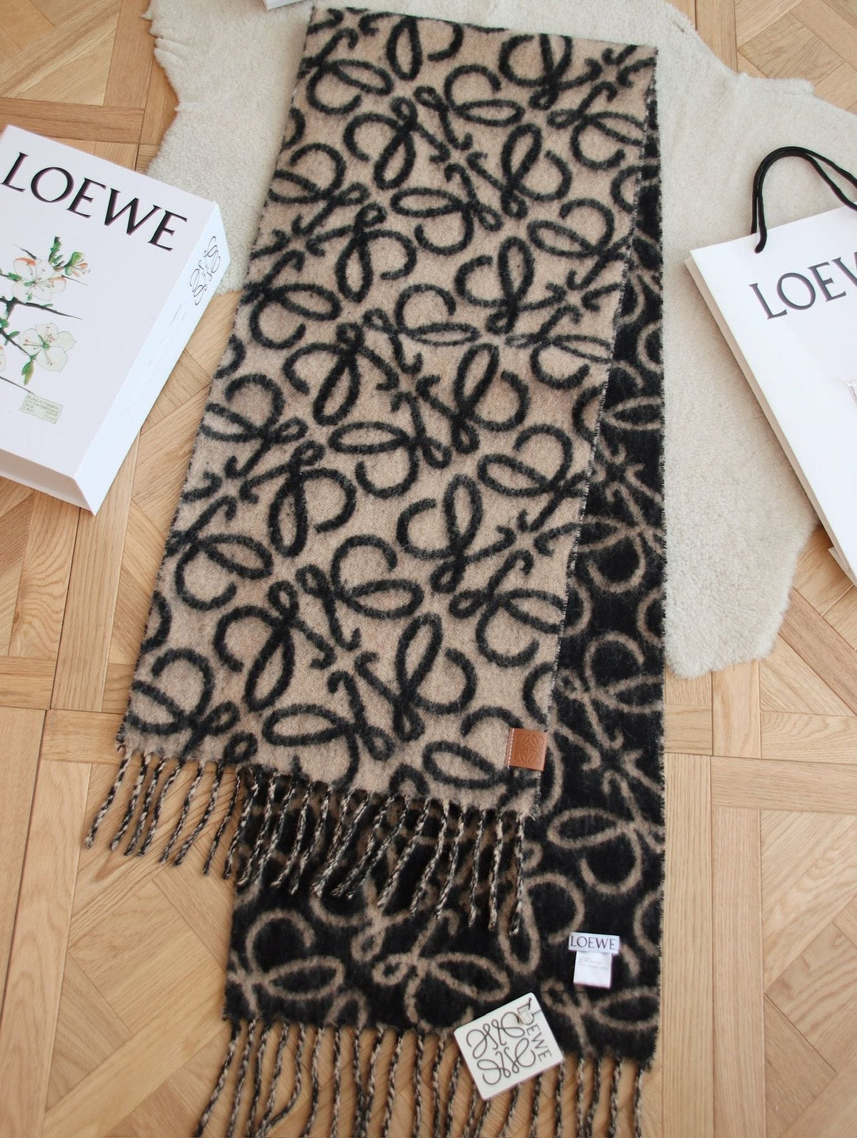 Loewe Black & Tan Motif Fringe Scarf