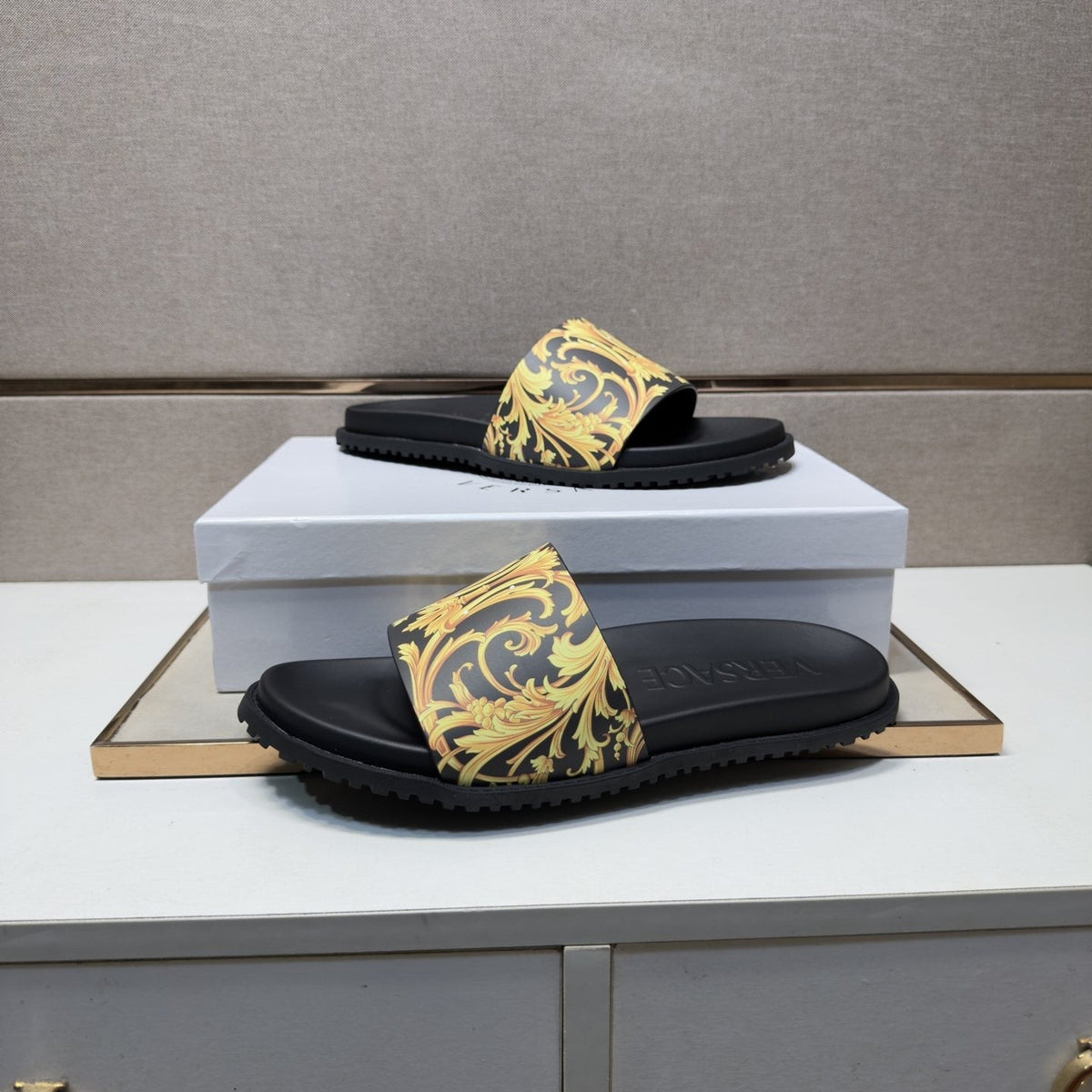 Versace Gold Patterned Strap Slide Sandals