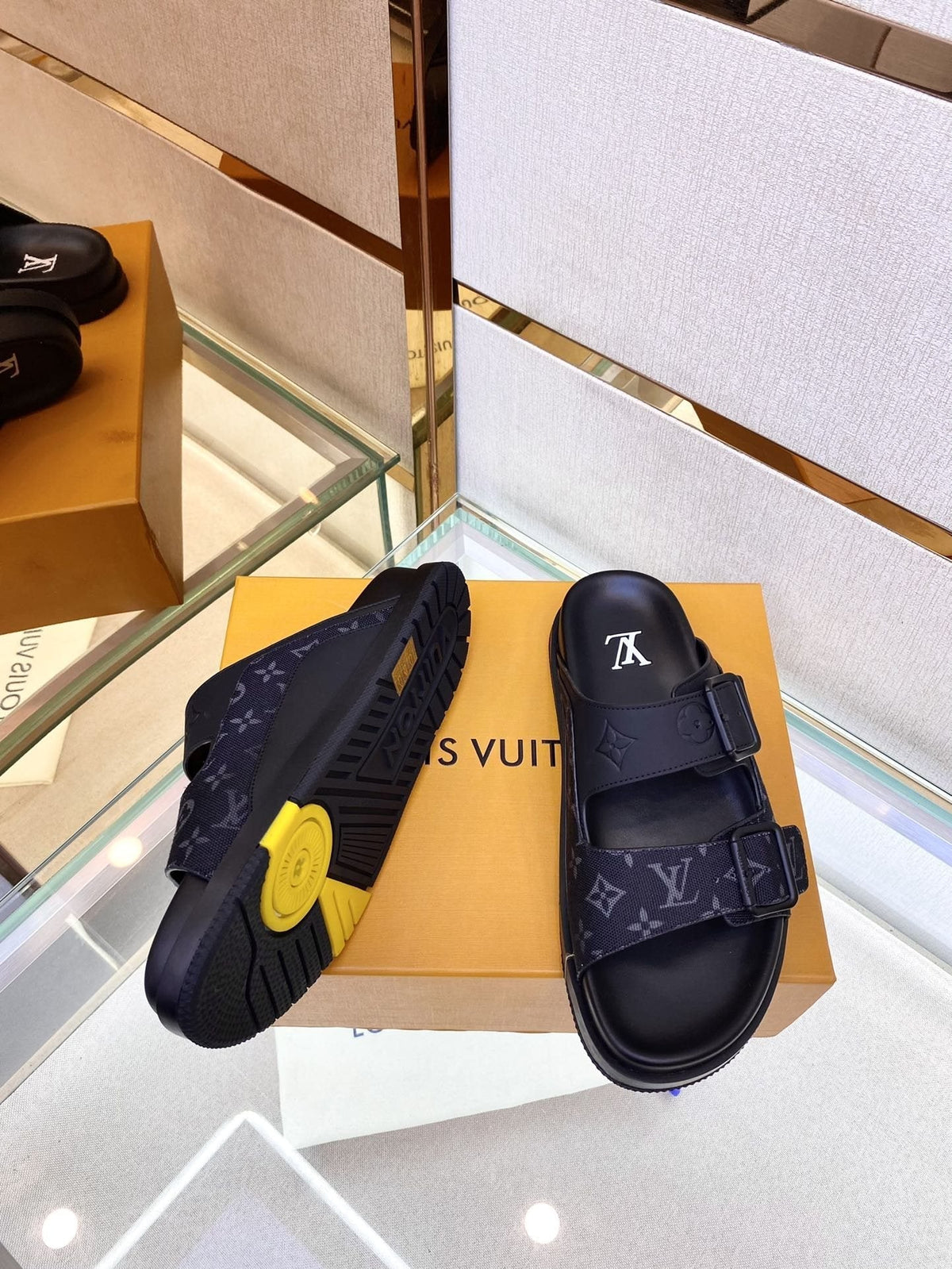 Louis Vuitton Monogram Buckle Slide Sandals - Fine-Textured Rubber Outsole