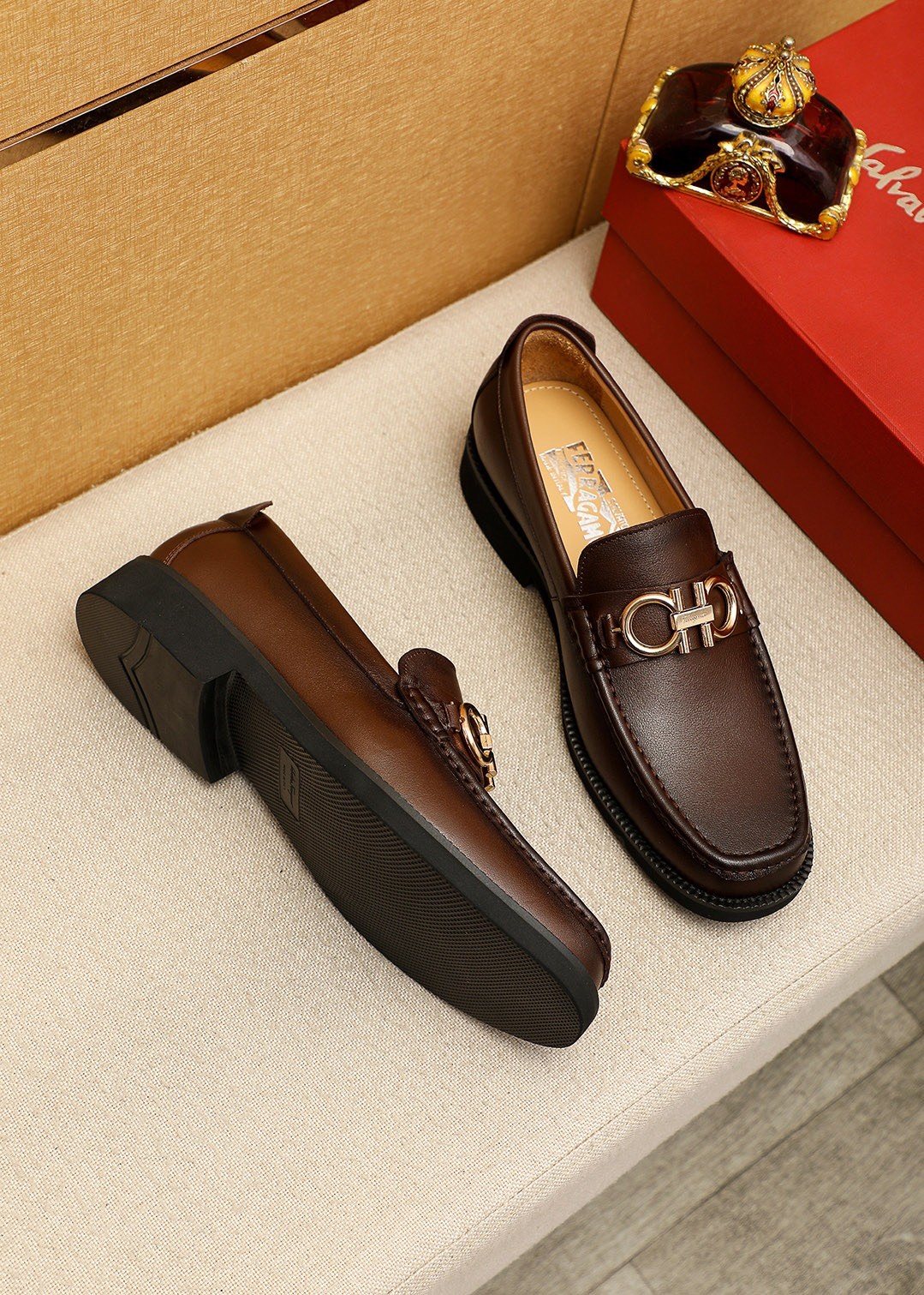 Ferragamo Dark Brown Metal-Bit Loafers