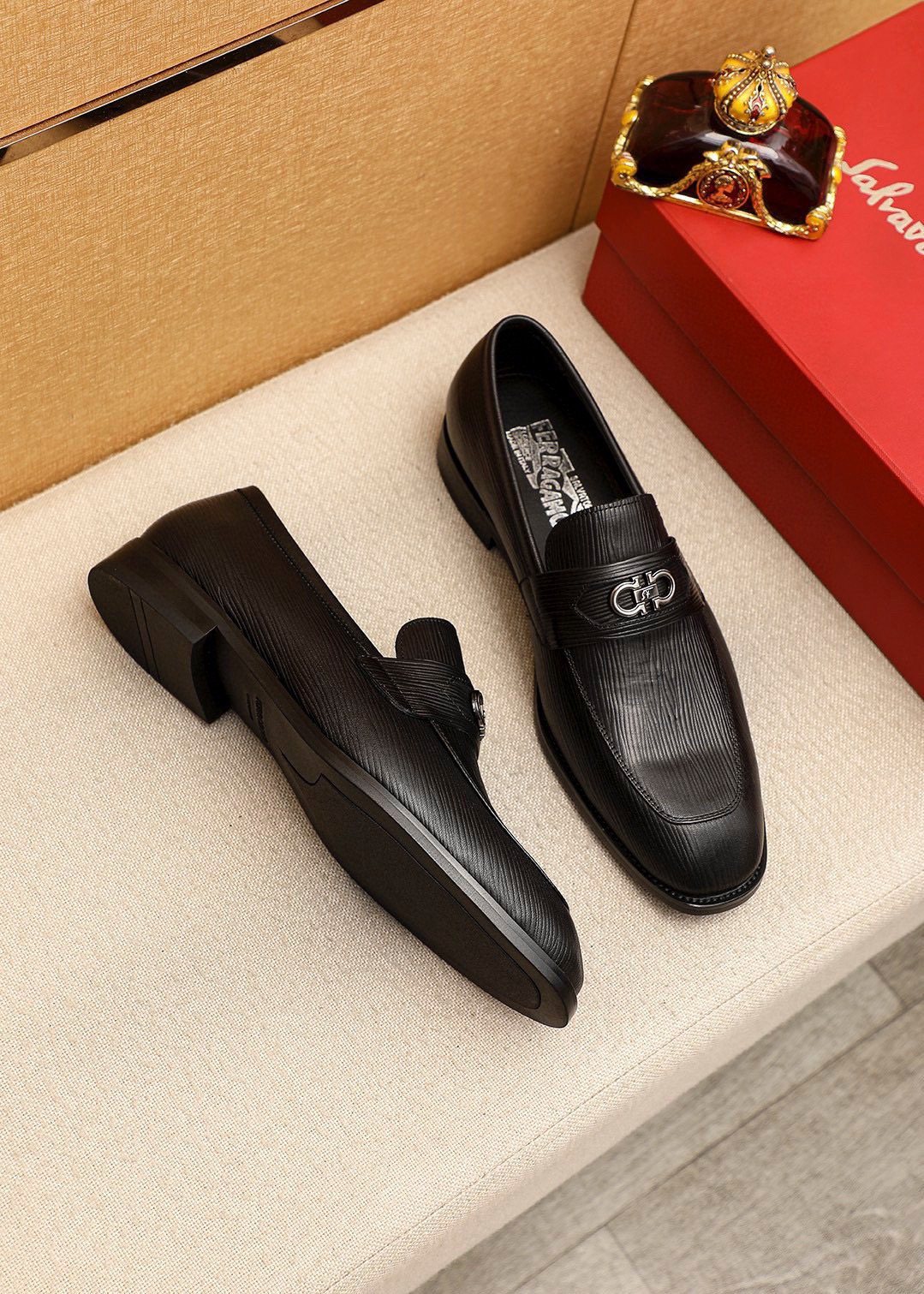 Ferragamo Black Textured Leather Loafers - Rubber Outsole