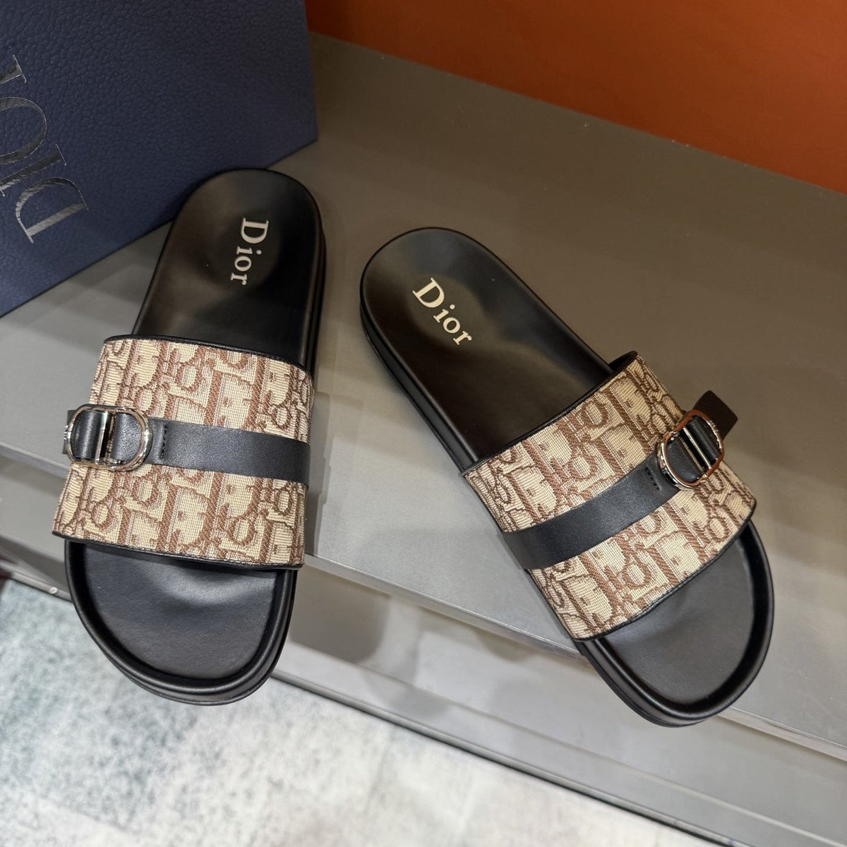 Dior Blue-Gray Pattern Slide Sandals